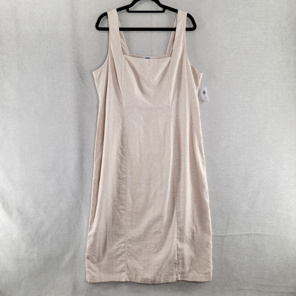 Old Navy Womens Dress Flax Linen Smocked Square Neck Midi NEW Size XL Beige